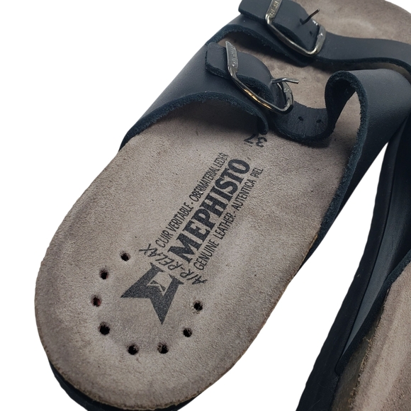 Mephisto Black Leather Two Strap Sandals Adjustable Buckles Cork Footbed Size 37 - Picture 4 of 16